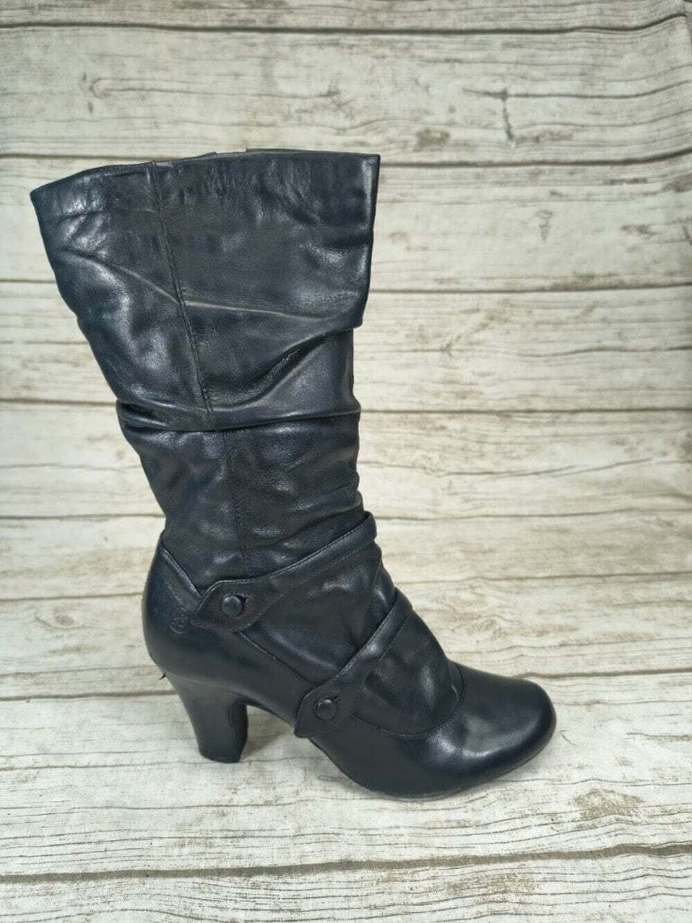 Bronx Black Leather Slouch Mid Calf Heeled Boots Size 37